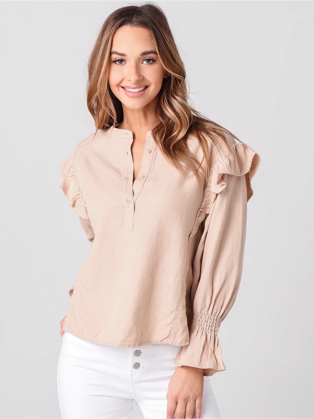 Joie Beige Ruffle Shoulder Henley Blouse